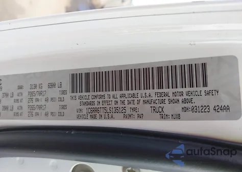 2020 Ram 1500 Classic Slt 4X2 6'4 Box из США, поврежденный, VIN 1C6RR6TT5LS135125